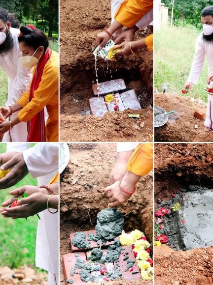 A collage of the Bhoomi Puja (ground-breaking ceremony) for our Spiritual Centre. These images show us performing the sacred rituals of laying the foundation bricks, marking the very beginning of the construction journey.