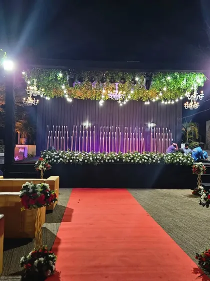A look at the grand stage setup for a destination wedding sangeet. The lighting and floral decor were just breathtaking.
