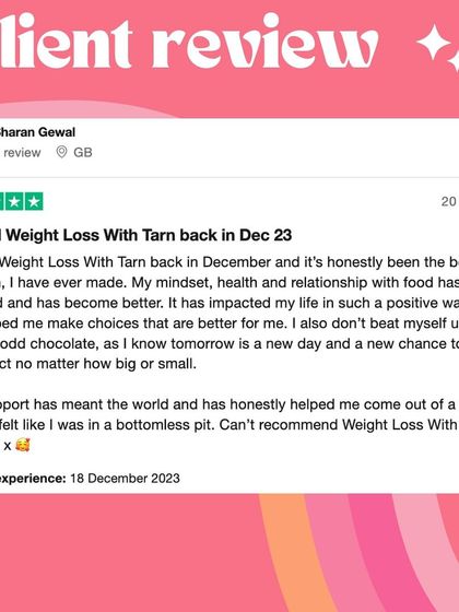 A 5-star review from Sharan: "I joined... back in Dec 23 and it's honestly been the best decision I have ever made. My mindset, health and relationship with food has changed."
