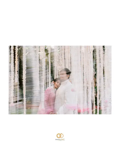 An artistic double exposure, blending the couple's portrait with the delicate floral decor, creating a dreamy, ethereal image.