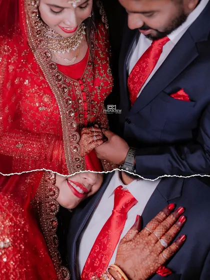 A creative collage showing the couple's loving embrace and close-up details.