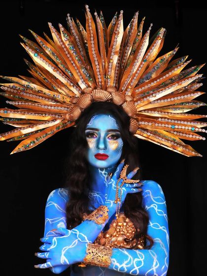 Amazing student work from our creative makeup course. This underwater-themed fantasy look uses body paint, prosthetics, and an elaborate headpiece to create a mythical creature.