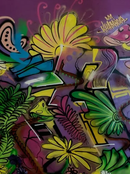A close-up of a nature-themed piece, where my graffiti letters are hidden among psychedelic flowers, ferns, and mushrooms. This was for a style meet-up in Malaysia.