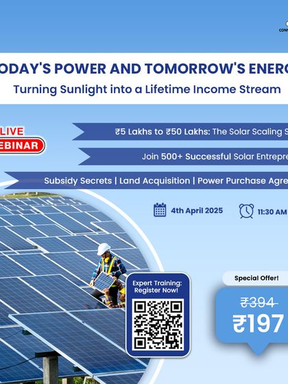 An ad for our solar webinar, this graphic shows a technician installing a panel. It highlights the massive drop in solar costs and the corresponding business savings, a key point we cover in our masterclass on high-profit solar strategies.