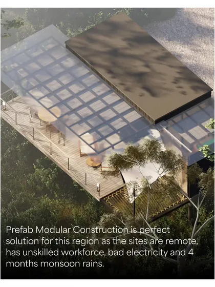 An overhead view of the resort cabin design, showing the transparent roof section that allows natural light to flood the space. This is an example of how I incorporate unique architectural features into my designs.