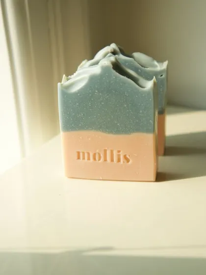 The beautiful contrast between the pink and blue layers of the 'Sweet Sage' soap.