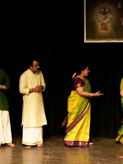A moment of discussion and collaboration with the artists and musicians backstage at Nrithya Sandhya. Teamwork is key to a successful show.