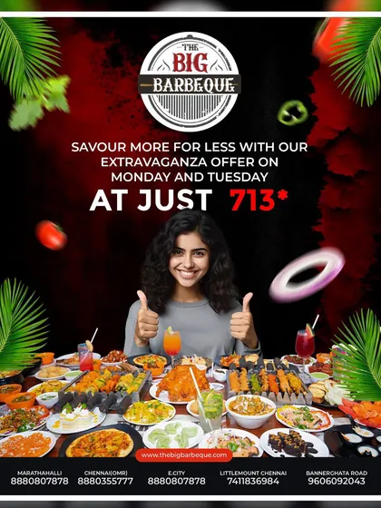 Savor more for less with our extravaganza offer on Monday and Tuesday. Get the full buffet experience for just ₹713.