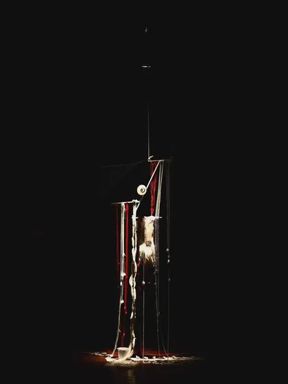 A wider shot of the abstract set installation for 'MEDEA'. Creating sound for a non-literal space like this is a great challenge. It's all about building a mood that lets the audience's imagination fill in the blanks.
