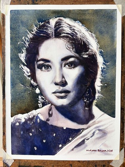 The final portrait of Meena Kumari, shown on an easel. The backlighting and her thoughtful expression were the key elements of this value study.