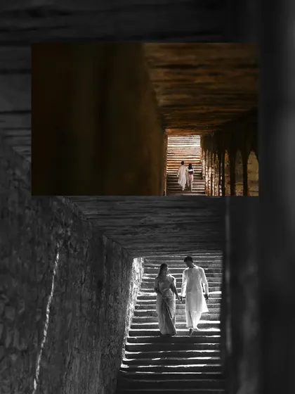 A collage capturing the couple walking through the dramatic, light-filled corridors of an ancient stepwell, creating a sense of a shared journey.