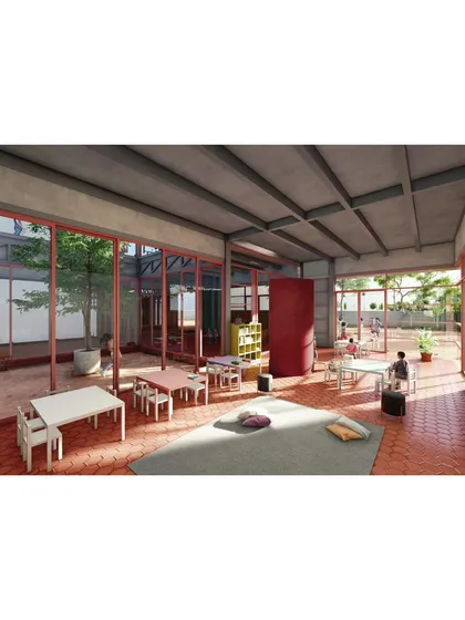 This render visualizes a classroom at 'The Atelier', where large glass walls open onto a central court, filling the learning space with light and air.
