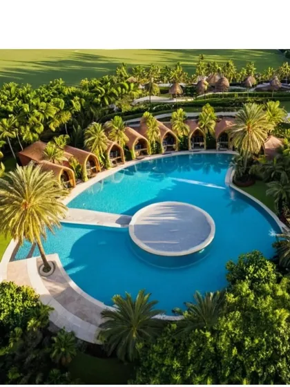 This aerial view captures the tranquil heart of a 16-acre resort sanctuary we designed within a tiger reserve. The spa's treatment rooms open to this shimmering pool, a space where every detail is crafted to elevate rest, relaxation, and rejuvenation.