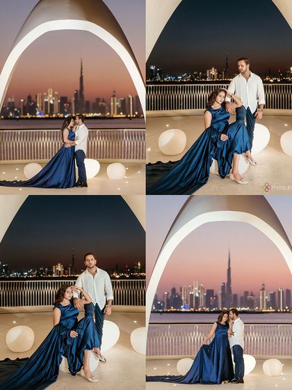 A collage showcasing a glamorous evening shoot in Dubai. The couple is framed by a modern archway with the glittering city skyline and Burj Khalifa creating a spectacular backdrop.