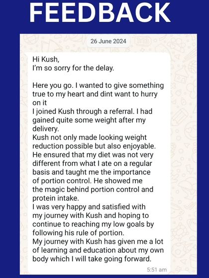 Anamika, a busy working mom from Canada, lost 5.5 kgs post-delivery. She ate home-cooked meals like rice with sambar and roti with dal, learning the magic of portion control and protein intake. Her testimonial shows her satisfaction with the journey.