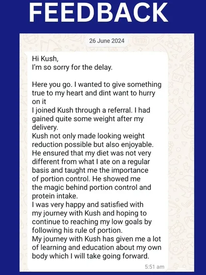 Anamika, a busy working mom from Canada, lost 5.5 kgs post-delivery. She ate home-cooked meals like rice with sambar and roti with dal, learning the magic of portion control and protein intake. Her testimonial shows her satisfaction with the journey.