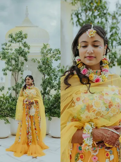 A diptych of the bride in her yellow Haldi outfit, showing a full-length view and a close-up of her serene expression.