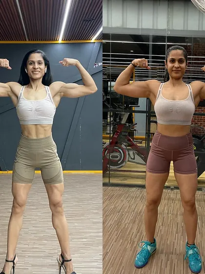 A front-double-biceps pose comparison. On the left, shredded for the stage. On the right, fuller and stronger during a muscle-building phase.