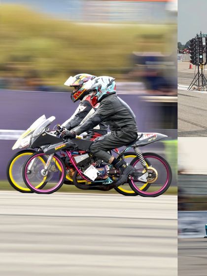 Two custom drag bikes are captured in a blur of motion, showcasing the incredible speed and skill of the riders in the two-wheeler categories.