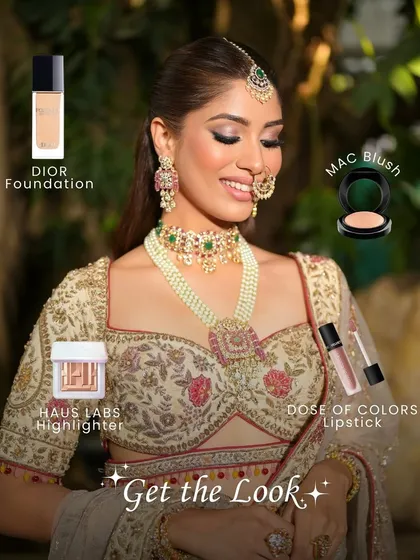 Get the look. This image breaks down the amazing products used to create this dreamy look, including Dior foundation, Dose of Colors lipstick, MAC blush, and Haus Labs highlighter.