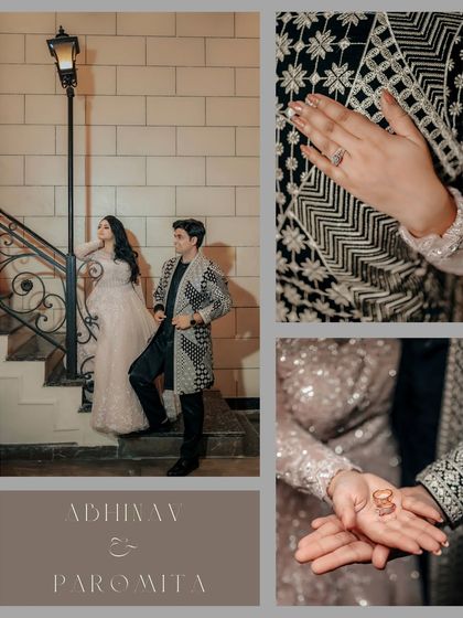 A collage capturing the key details of the ring ceremony. We focus on the story: the couple on the grand staircase, the close-up of the newly exchanged rings, and the bride's hand on her groom's.