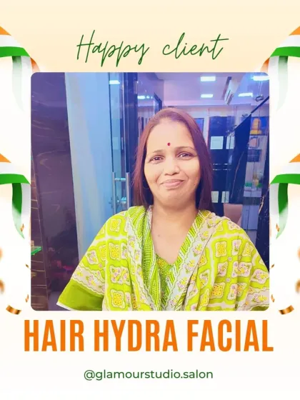A happy client after her Hair and Hydra Facial treatment. Her radiant skin and healthy hair are a testament to our quality services.