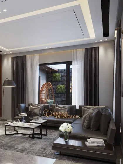 The dark, plush sofa offers a comfortable spot for relaxation, with a view of the outdoor swing chair. The layered curtains provide both privacy and soft, diffused light.