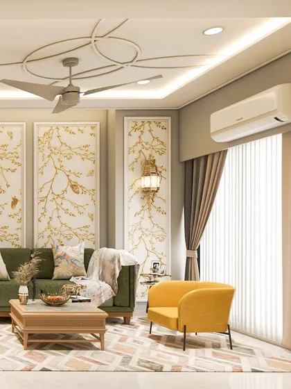 This render showcases the other side of the Ghatkopar living room, with a green sofa, yellow accent chair, and beautiful wall panels.