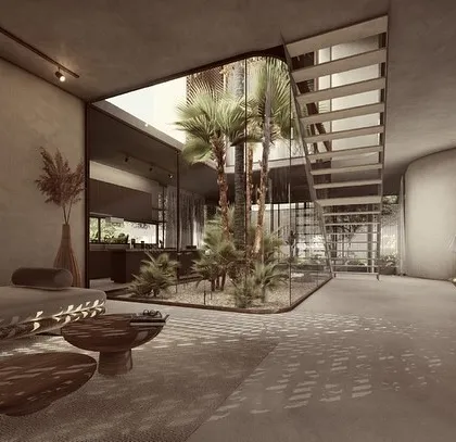 The House of Veils looks inward, creating its own world through internal courtyards. The entrance foyer opens into this expansive living area, where light filters through screens and curved walls guide the eye, unveiling the social spaces progressively.