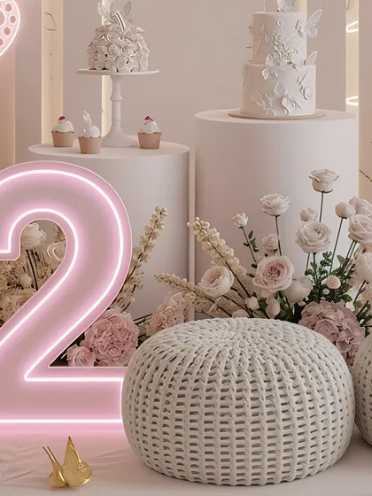 A neon-lit number '2' adds a modern and personalized touch to this soft, elegant setup. The surrounding florals, pouf seating, and tiered cakes show how I blend contemporary elements with classic decor for a second birthday party.