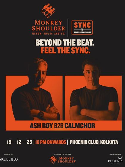 A poster for the Ash Roy B2B Calm Chor SYNC event in Kolkata. This shows the geographical reach of our curated event series.
