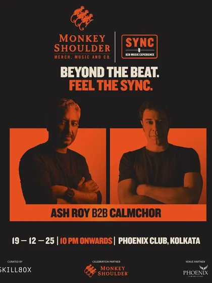The poster for the Ash Roy B2B Calm Chor SYNC event in Kolkata.