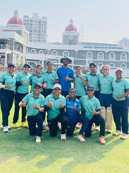 A proud moment with the team after securing back-to-back victories in the MCA Women's League 'B' Division. This picture at the Sachin Tendulkar Gymkhana celebrates the entire squad's character and composure under pressure.