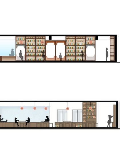 Sectional drawings of the Zara Global School library. The design includes various seating arrangements and nook-like spaces to accommodate different modes of reading and study.