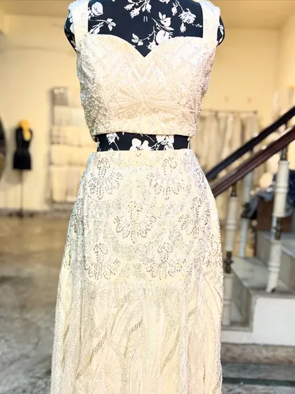 The silhouette of the 'APSARA' lehenga is sleek and modern, designed to flatter your shape.