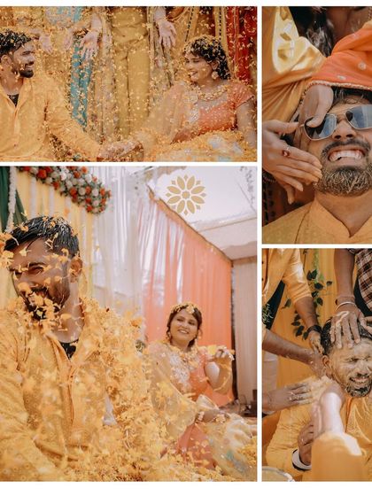 A collage of a couple's haldi, showing them together and individual shots of the groom's playful moments with friends.