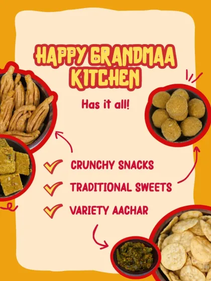 At Happy Grandmaa Kitchen, we have it all. This graphic shows the variety we offer, from crunchy savoury snacks and traditional Marwadi sweets to a range of homemade achaars.