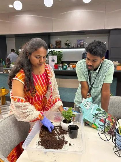A hands-on potting session in progress. I believe in a personalized experience, helping each client pick their plant and pot and then putting it all together for them.