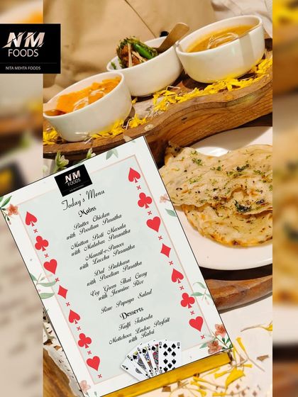 A snapshot of a personalized menu for a Diwali card party, featuring dishes like Butter Chicken, Dal Tadka, and various breads. We work with you to create the perfect menu for your occasion.