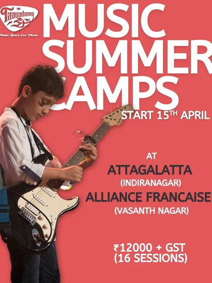 Here are the hard facts for our Music Summer Camps. This poster lays out the locations, start date, and price for our 16-session program. We've got spots in Indiranagar and Vasanth Nagar for kids aged 6 and up.