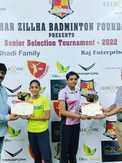 Pranjal and Khyati receiving their certificates for winning the Women's Doubles at the Palghar senior district selection tournament. Teamwork and strategy are central to our doubles coaching.