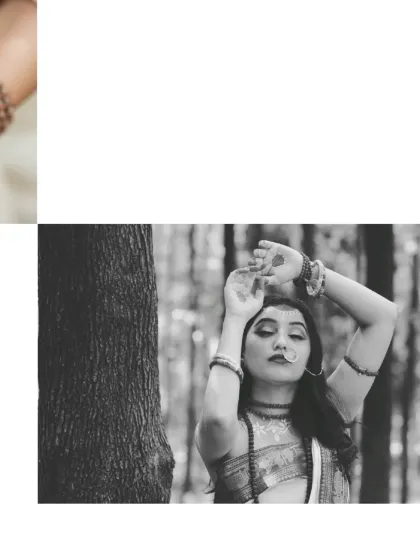 A powerful black and white portrait capturing a moment of quiet strength and grace, part of the Parvati-inspired series.