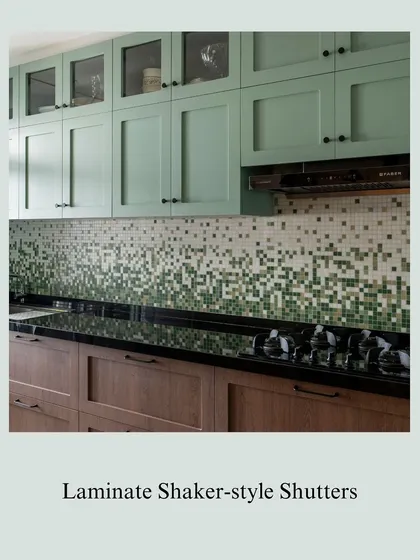 This image showcases shaker-style shutters in a durable laminate finish. This is a practical choice for a busy kitchen, offering the elegance of a classic design with the benefit of being easy to maintain.
