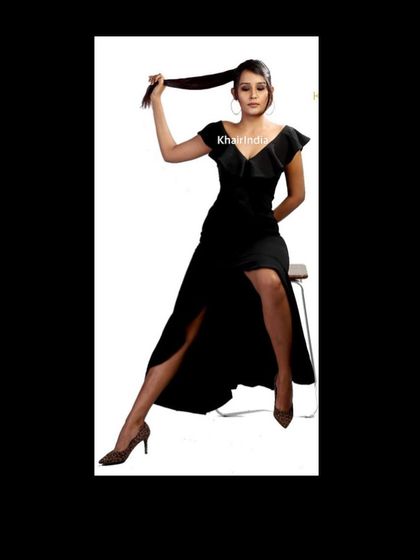 A high-fashion look featuring a long, powerful ponytail. Our extensions make it possible to achieve dramatic styles like this for photoshoots, parties, or any time you want to make a statement.