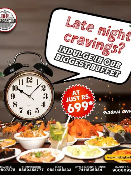 Got late night cravings? Indulge in our biggest buffet from 9:30 PM onwards for just ₹699. A feast that satisfies every craving.