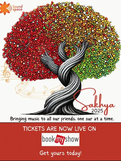 The official poster for Sakhya 2025, announcing that tickets are live on BookMyShow for our annual celebration of music and friendship.