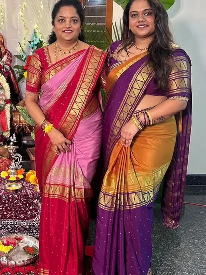 Besties looking stunning together in their Dhavala sarees. It's so lovely to see friends twinning in my creations.