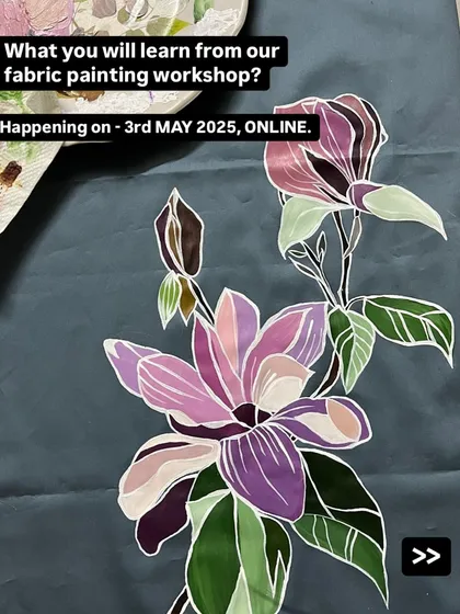 An example of the floral designs you can learn in my online fabric painting workshop. I provide all the materials, delivered to your door.