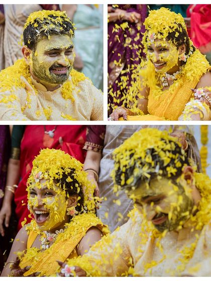 Pure happiness, covered in turmeric and flower petals. These close-ups show the joy that our vibrant Haldi decor helps to foster.