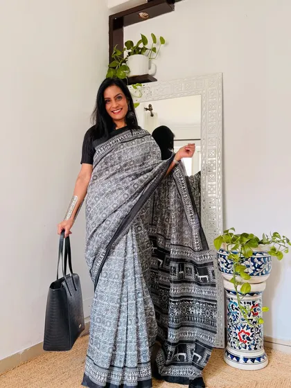 A closer look at a grey and black printed workwear saree from my Amazon haul. The fabric is lightweight, and the print is perfect for a formal office setting.